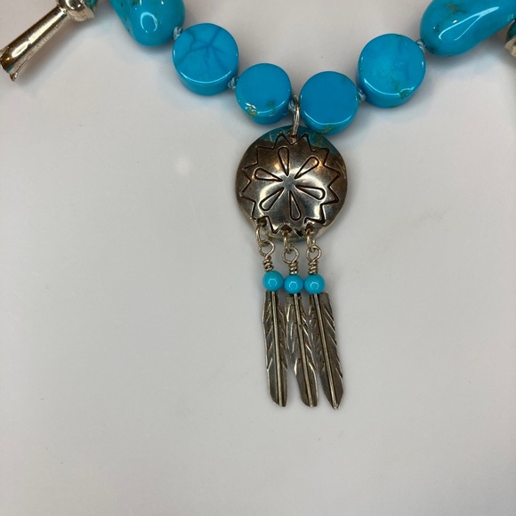 Hand Knotted Sleeping Beauty Turquoise Squash Blossom Dreamcatcher Necklace - Picture 4 of 10